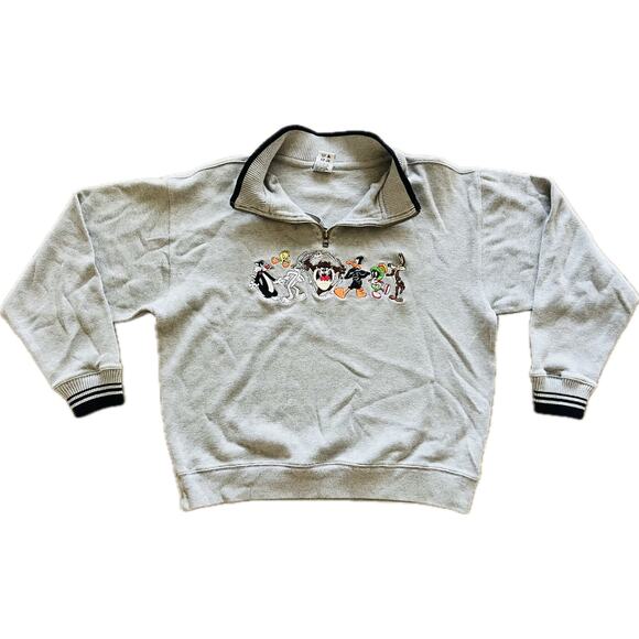 Vintage 1997 Looney Tunes Embroidered 1/4 Zip Pullover Large 100% Cotton Sweater - Picture 1 of 4